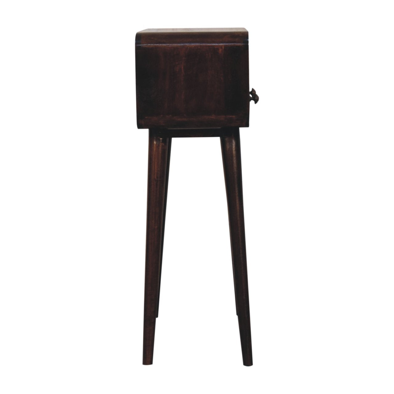 Mini california walnut curved console table in dark brown wood with slender legs and walnut finish with metal handle