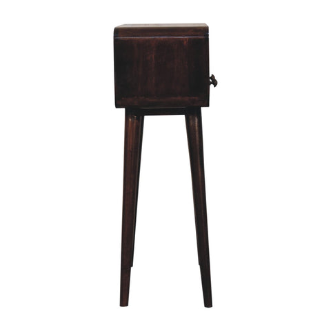 Mini california walnut curved console table in dark brown wood with slender legs and walnut finish with metal handle
