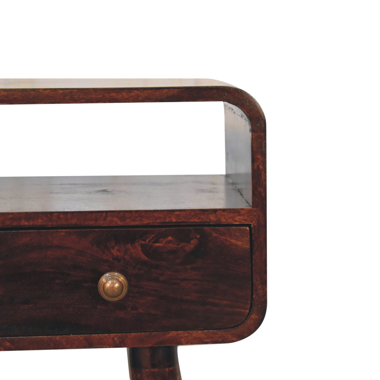 Mini california walnut curved console table with dark wood walnut finish and drawer with brass knob