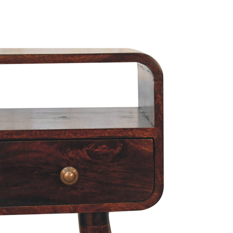 Mini california walnut curved console table with dark wood walnut finish and drawer with brass knob