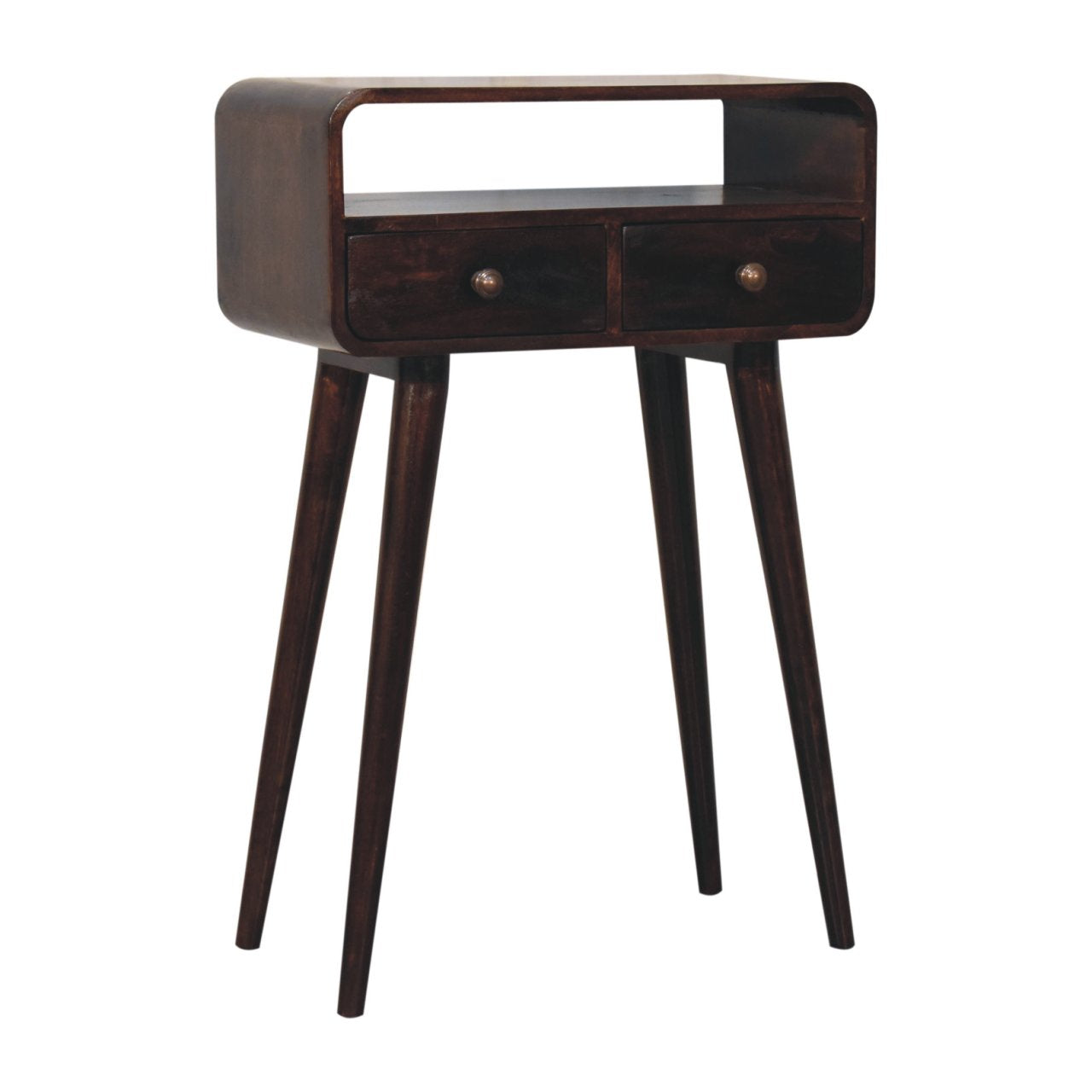 Dark wood mini california walnut curved console table with two drawers and tapered legs in walnut finish