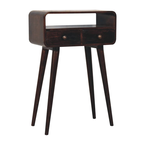 Dark wood mini california walnut curved console table with two drawers and tapered legs in walnut finish