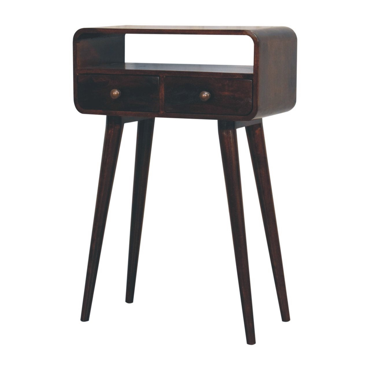 Dark wood nightstand with two drawers and tapered legs in a walnut finish matching mini california walnut curved console table