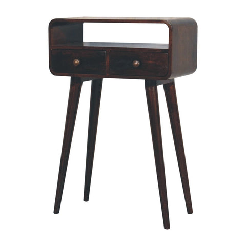 Dark wood nightstand with two drawers and tapered legs in a walnut finish matching mini california walnut curved console table