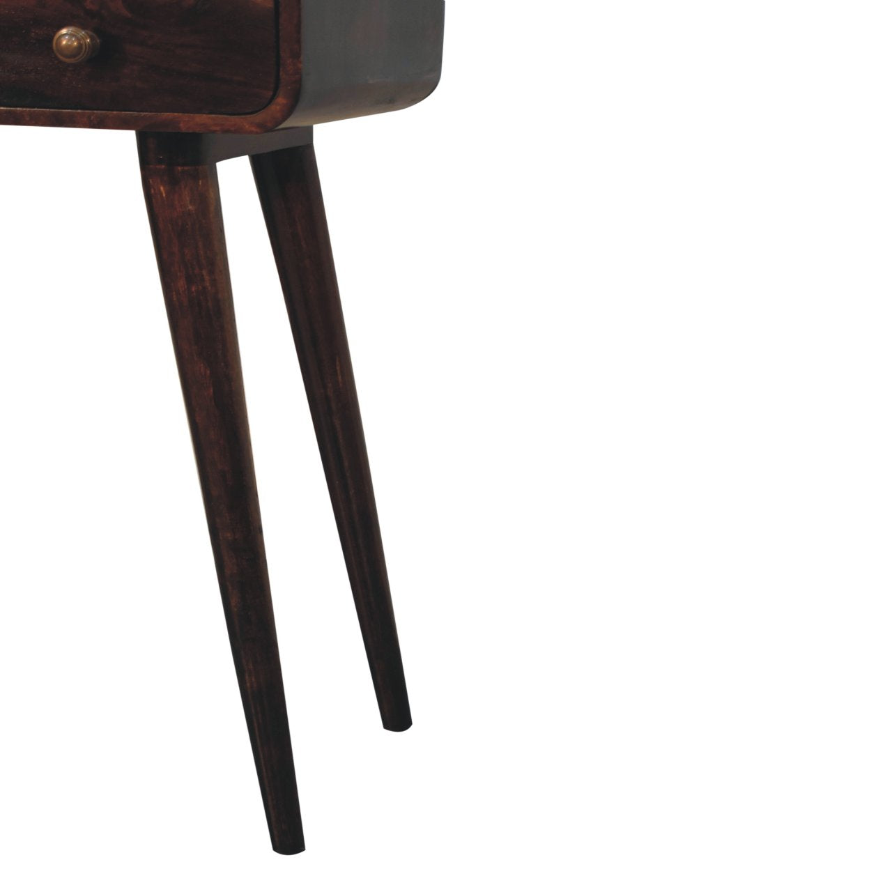 Dark wood mini california walnut curved console table with tapered legs and brass knob drawer in walnut finish