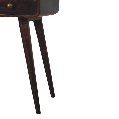 Dark wood mini california walnut curved console table with tapered legs and brass knob drawer in walnut finish