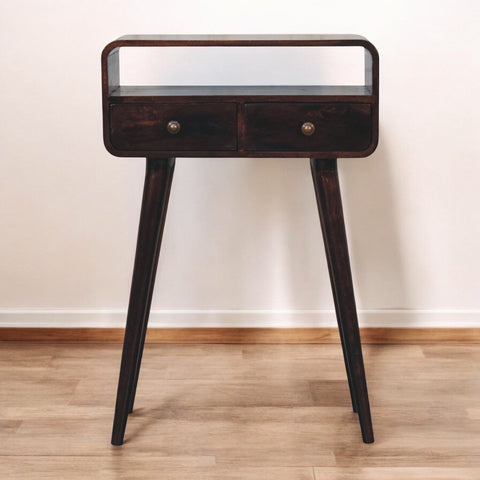 Dark wood mini california walnut curved console table with two drawers and tapered legs in walnut finish