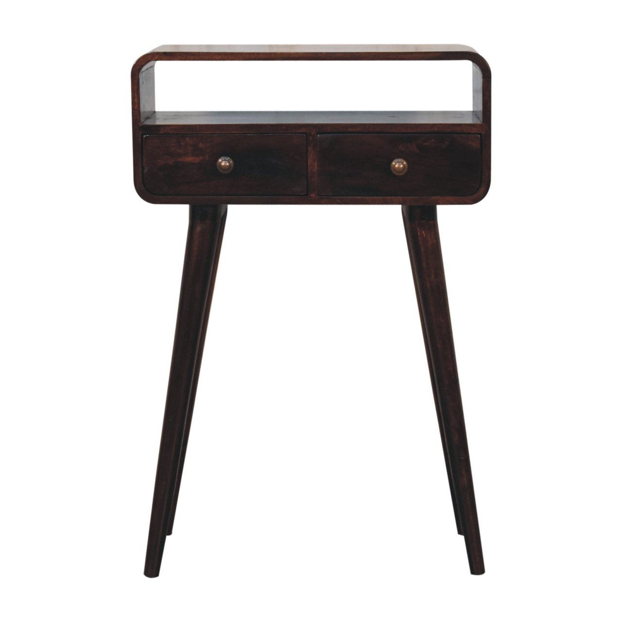 Mini california walnut curved console table in dark wood with two drawers and tapered legs in walnut finish