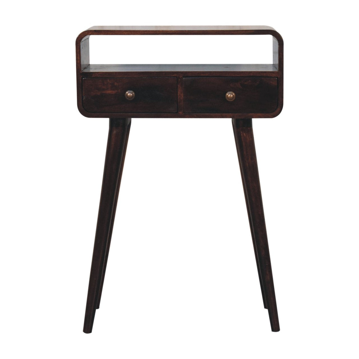 Mini california walnut curved console table in dark wood with two drawers and tapered legs in walnut finish
