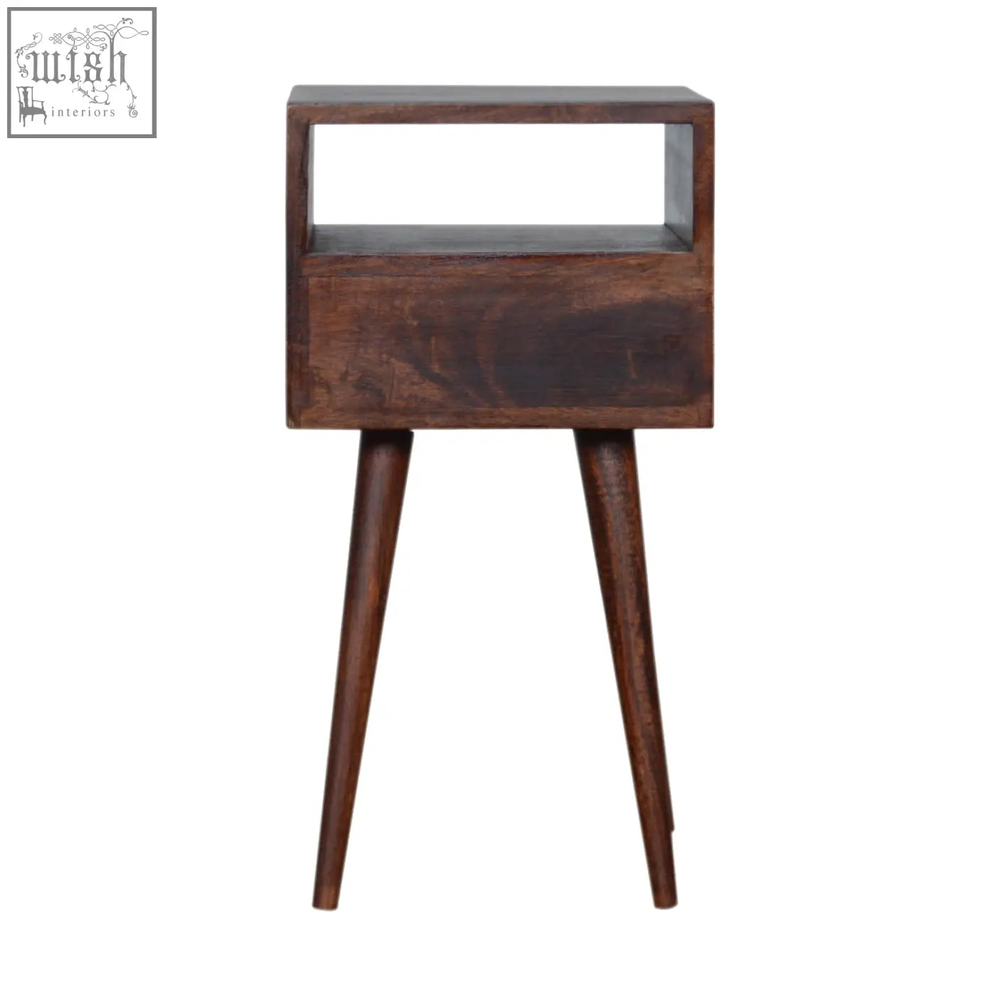 Dark brown mini cherry bedside table made of solid mango wood with a rectangular open shelf and tapered legs