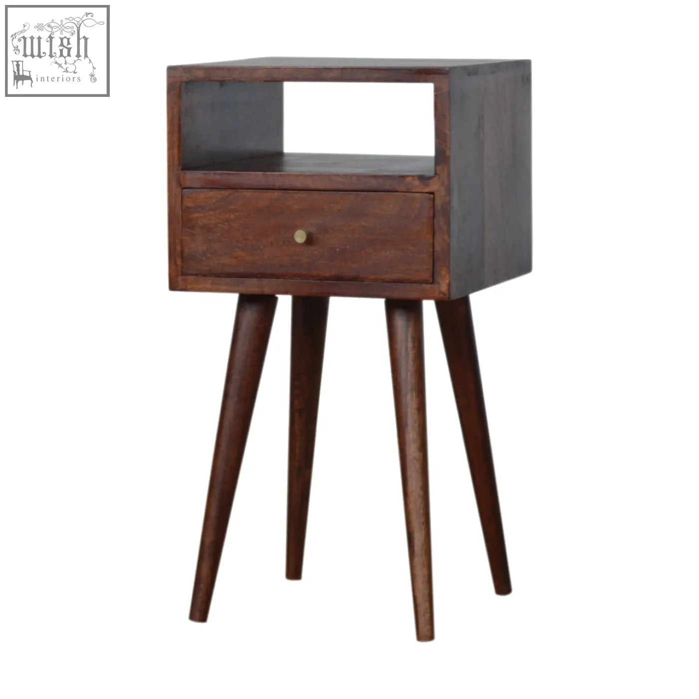 Dark brown mini cherry bedside table with single drawer and angled legs made of solid mango wood