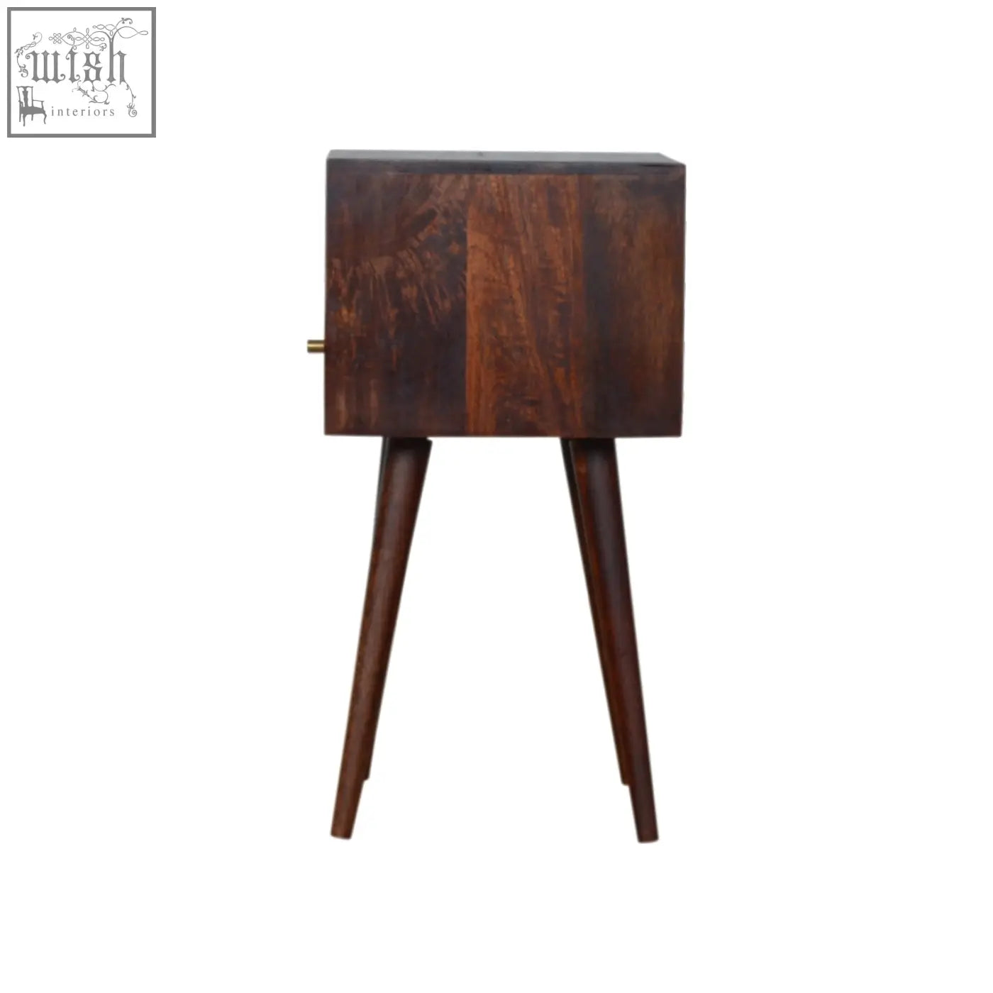 Mini cherry bedside table in dark brown solid mango wood with single drawer and brass handle on tapered legs