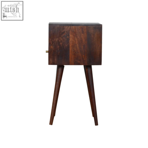 Mini cherry bedside table in dark brown solid mango wood with single drawer and brass handle on tapered legs