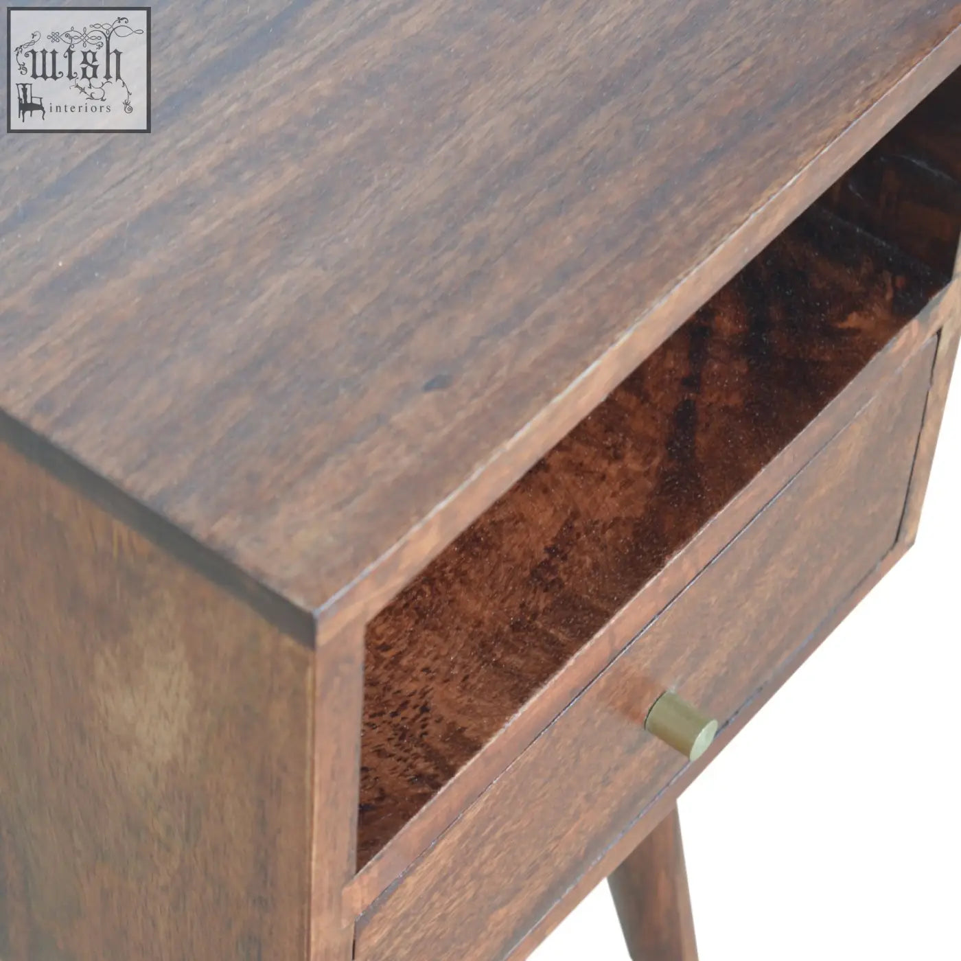 Dark brown mini cherry bedside table made of solid mango wood with a single drawer and brass handle