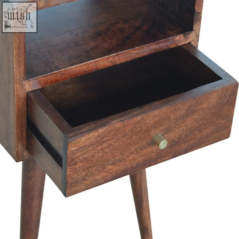 Mini cherry bedside table in dark brown solid mango wood with single drawer and brass knob cherry bedside table