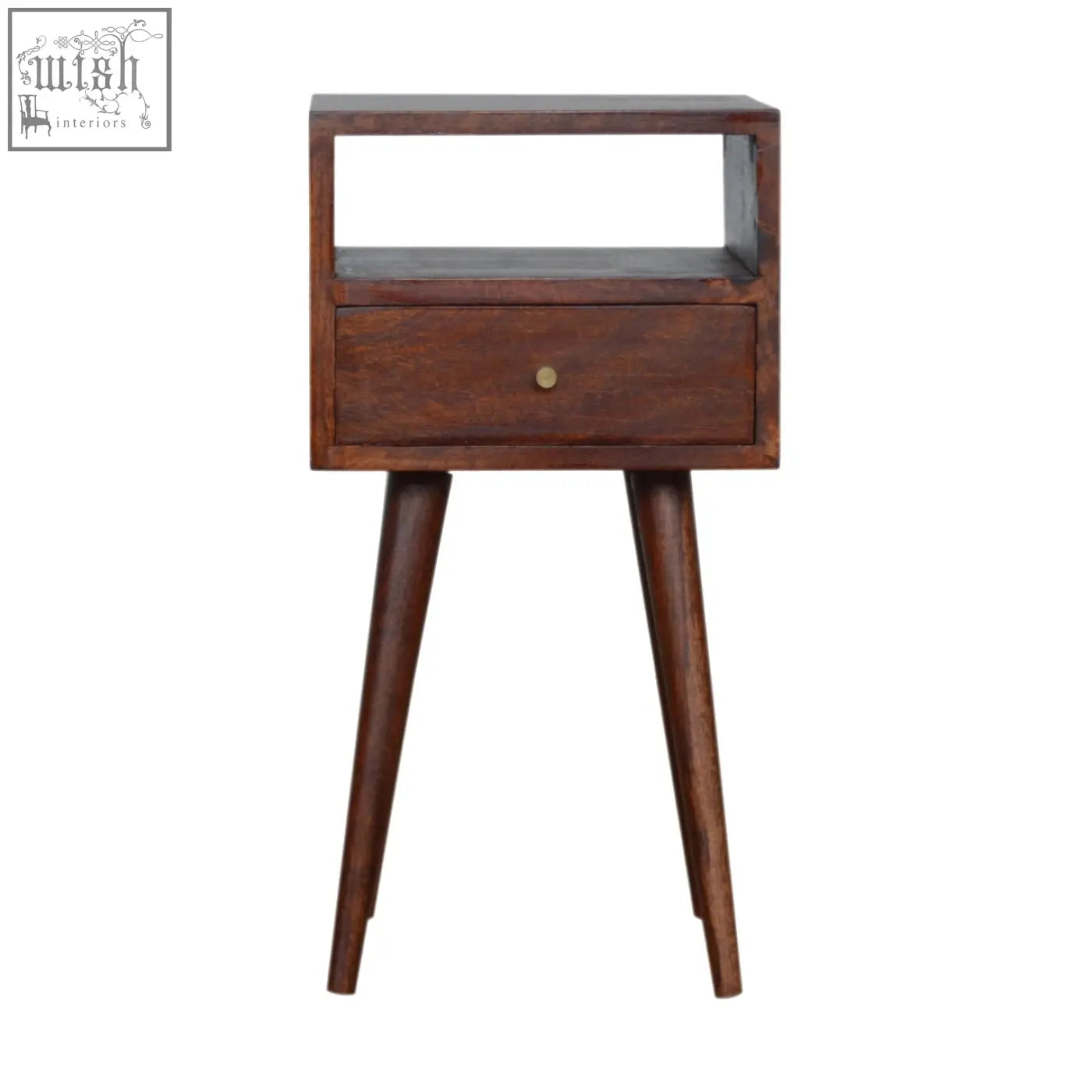 Dark brown mini cherry bedside table with single drawer and tapered legs made of solid mango wood