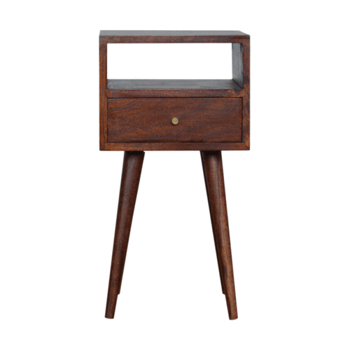 Dark brown mini cherry bedside table made of solid mango wood with a single drawer and angled legs