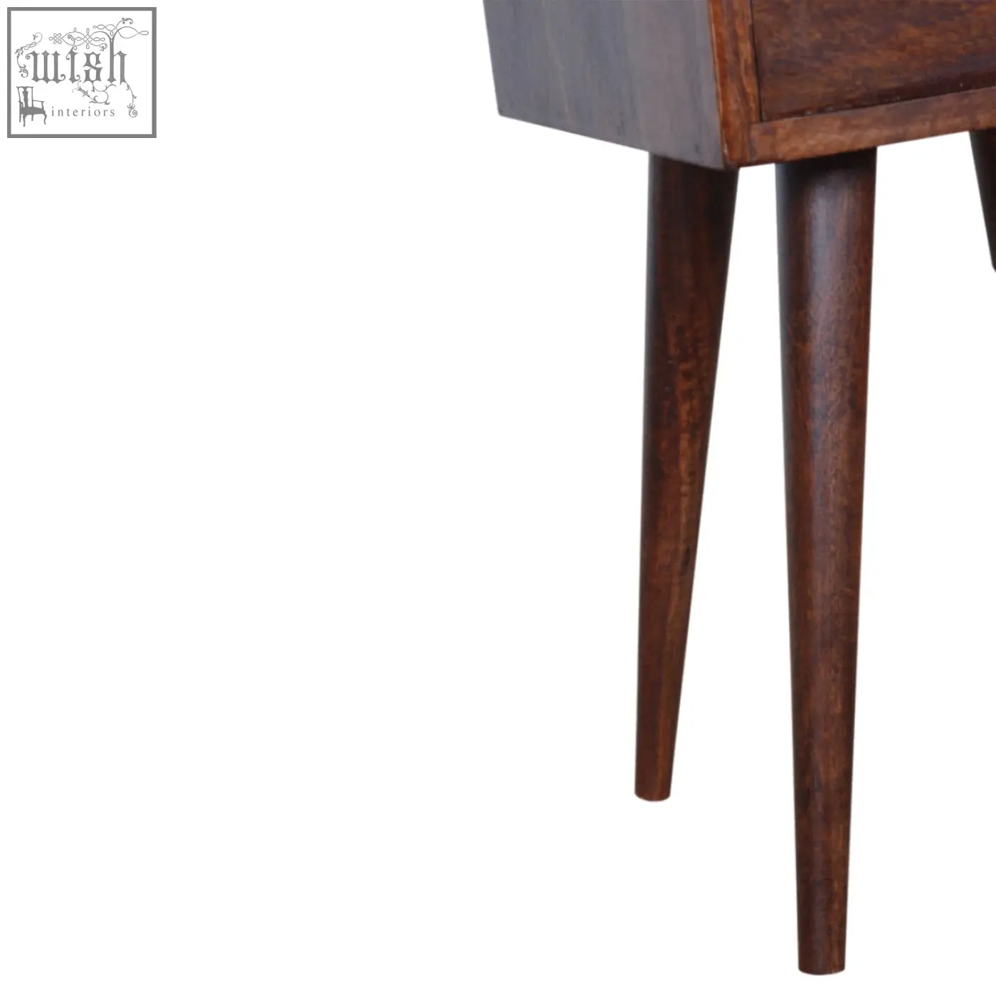 Mini cherry bedside table with dark brown solid mango wood, tapered legs, and a single drawer for compact storage