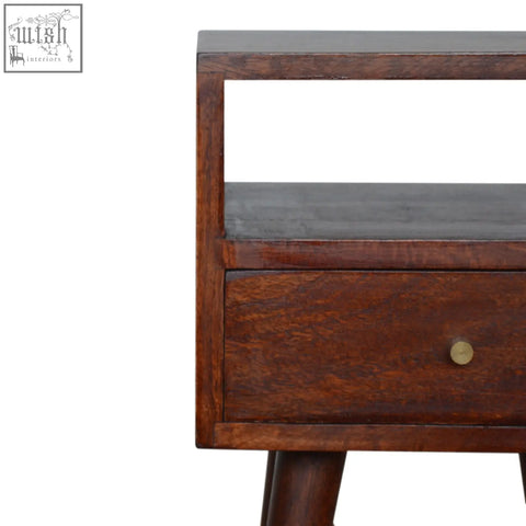 Dark wood mini cherry bedside table with single drawer and brass knob made from solid mango wood