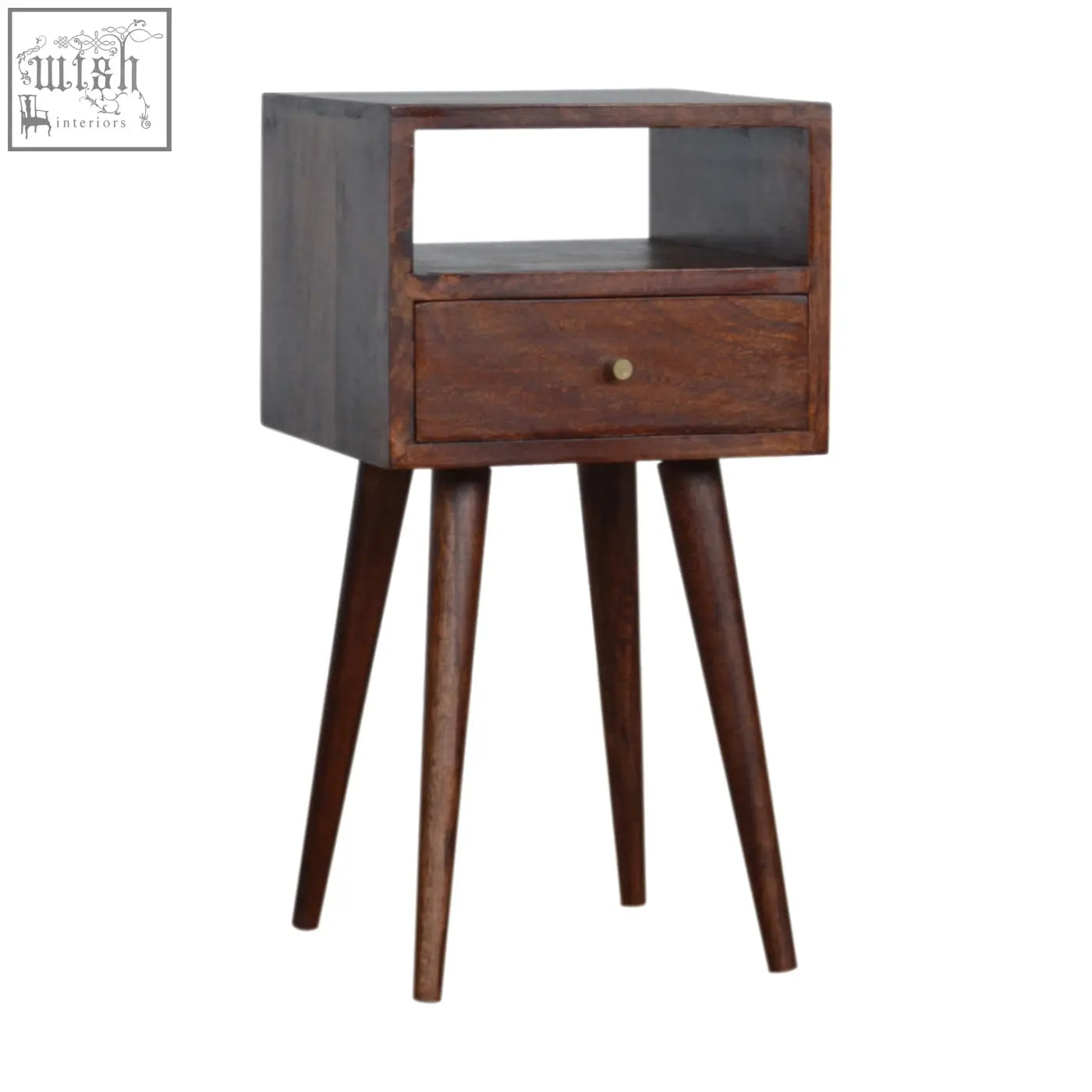 Dark wood mini cherry bedside table with angled legs and single drawer made of solid mango wood