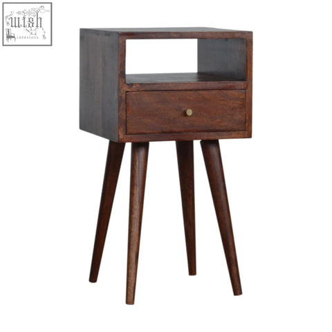 Dark wood mini cherry bedside table with angled legs and single drawer made of solid mango wood
