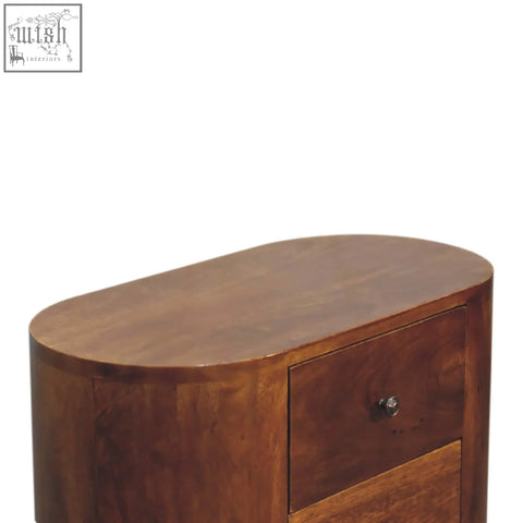 Brown mango wood mini chestnut chest nightstand with curved top and ample storage single drawer with round knob