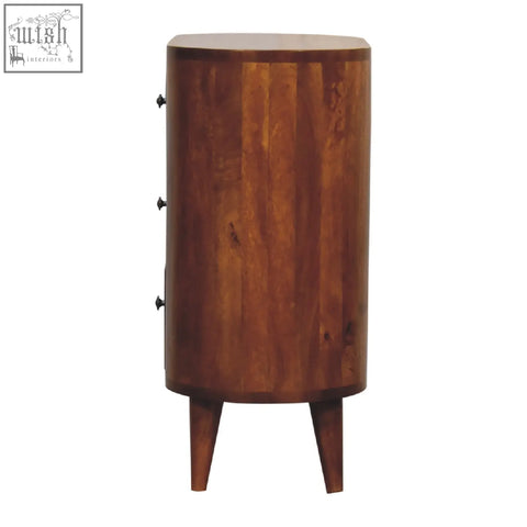 Mini chestnut chest of drawers with three ample storage drawers in dark brown mango wood finish and tapered legs