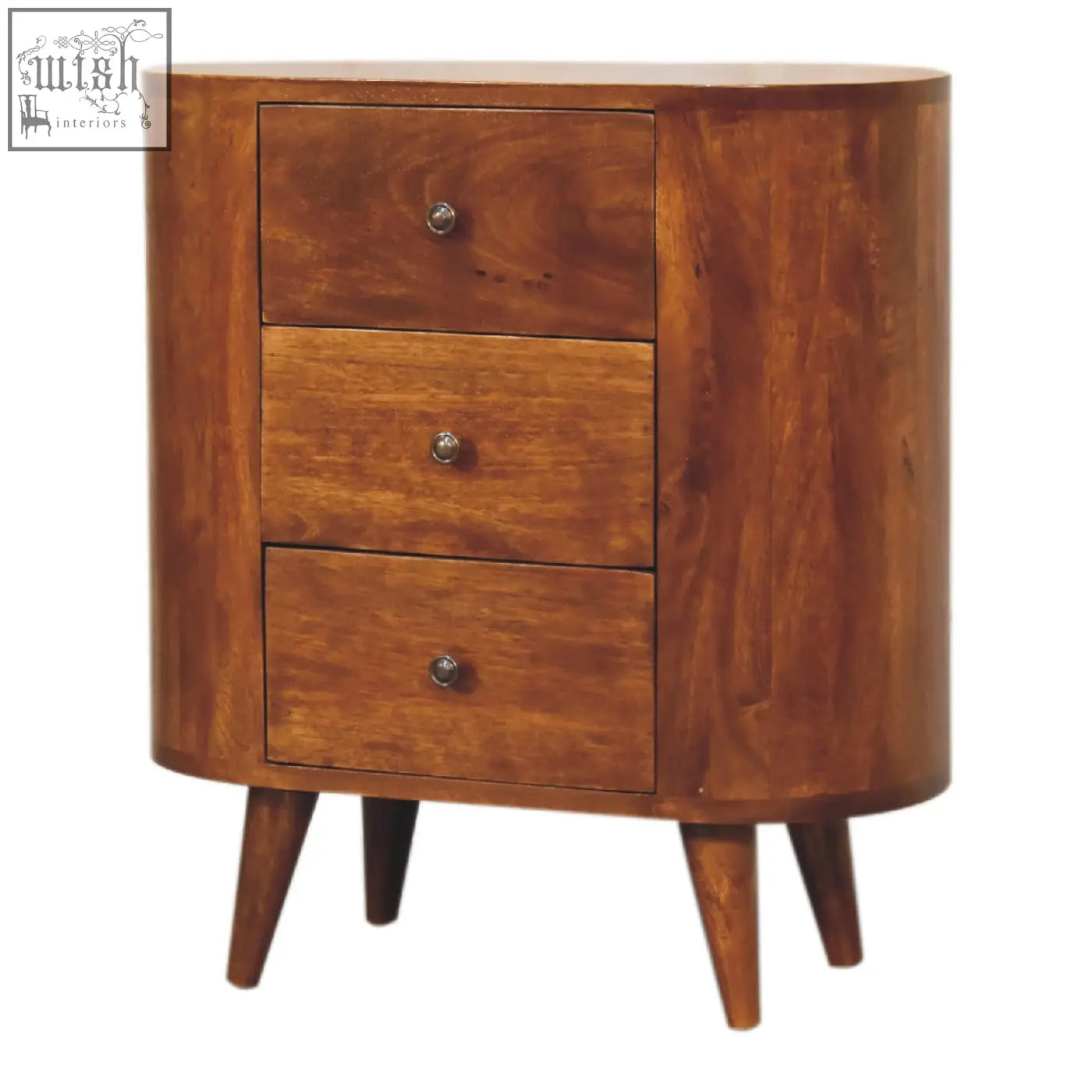 Mini chestnut chest of drawers with ample storage made from sleek curved mango wood and tapered legs