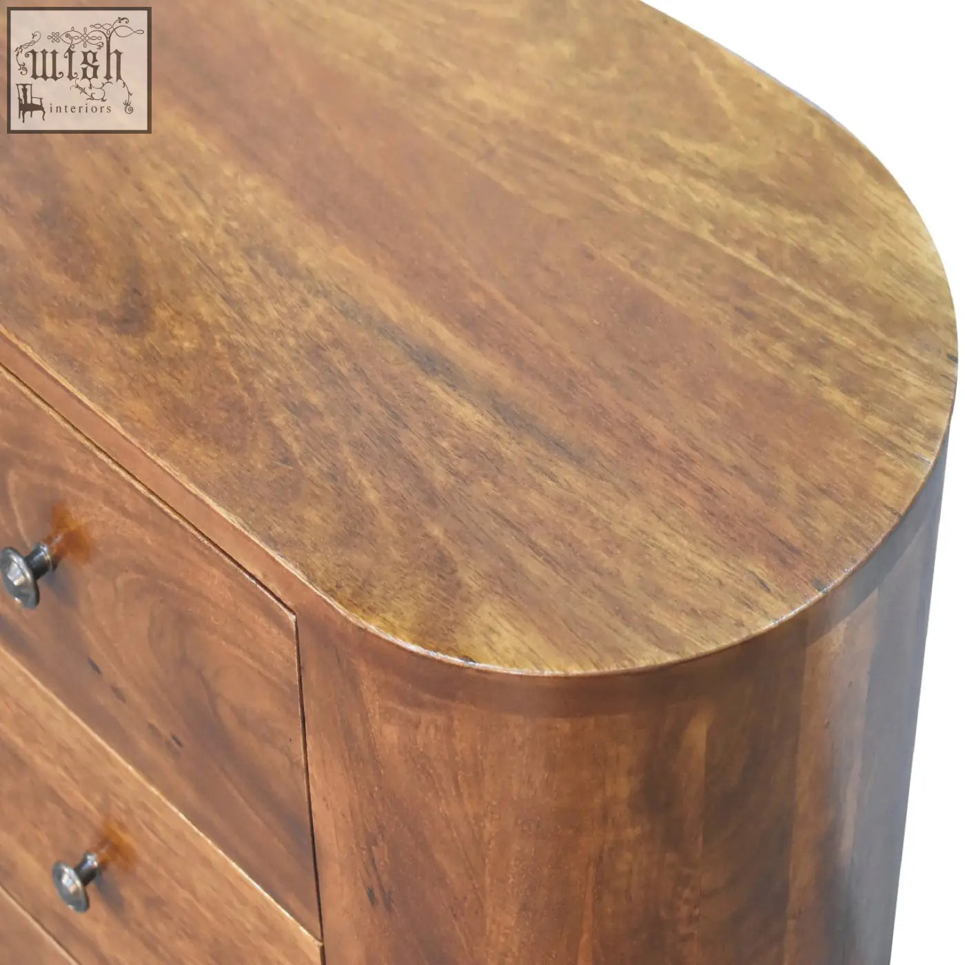 Warm brown chestnut chest mini chest of drawers with curved top silver knobs and ample storage in mango wood