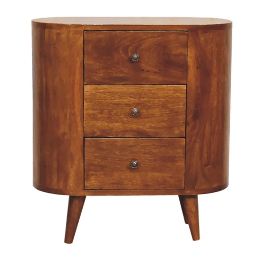 Mini chestnut chest of drawers in warm brown mango wood with three drawers and tapered legs for ample storage