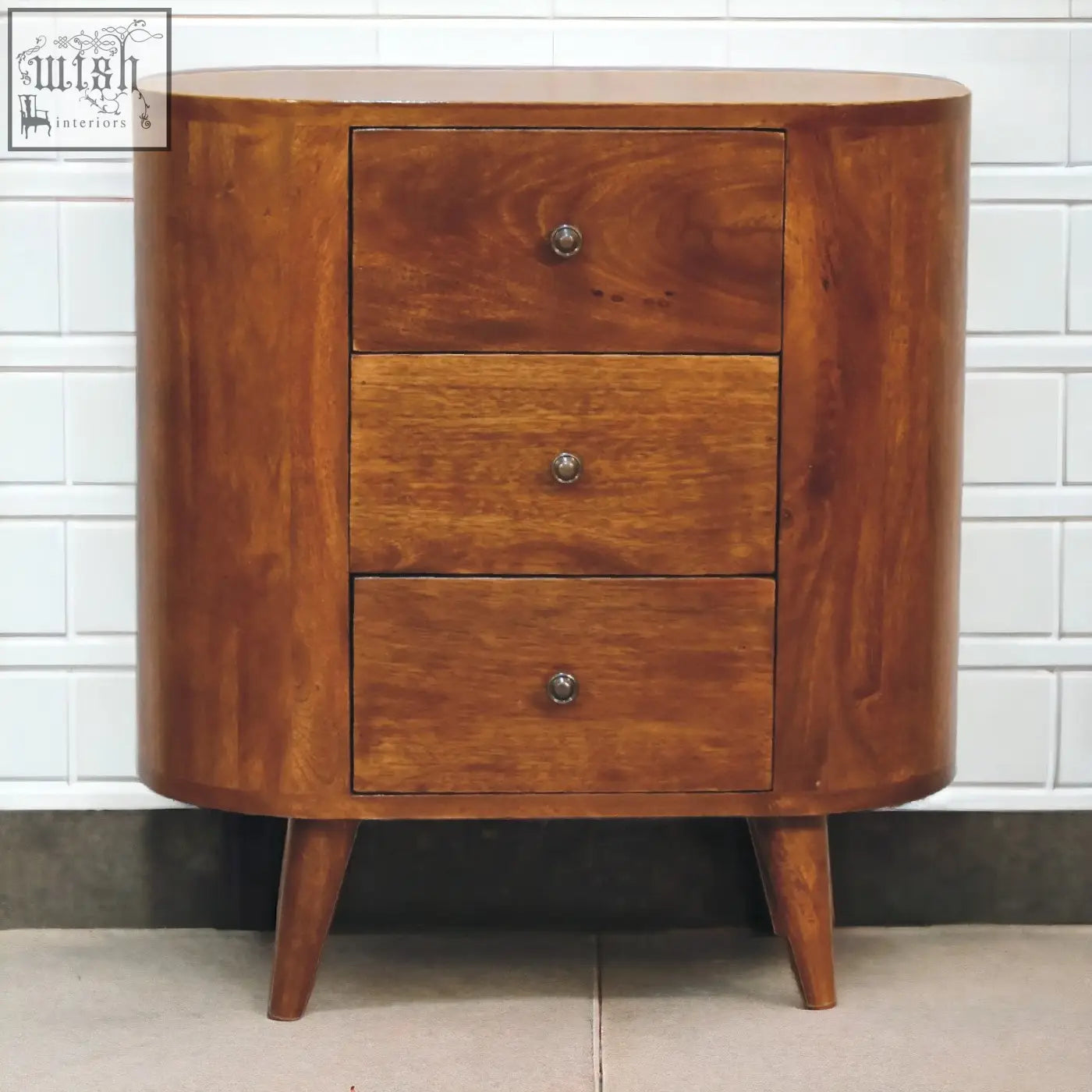 Mini chestnut chest of drawers with three ample storage mango wood drawers and polished warm finish