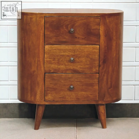 Mini chestnut chest of drawers with three ample storage mango wood drawers and polished warm finish