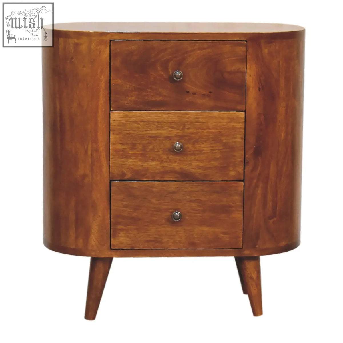 Mini chestnut chest of drawers in warm mango wood with ample storage and tapered legs for stylish organization