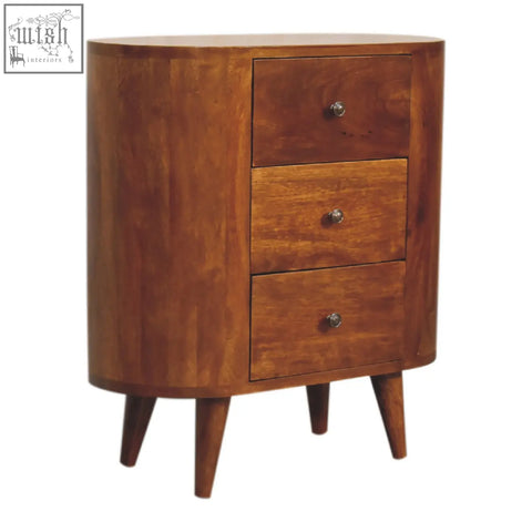 Mini chestnut chest of drawers with warm mango wood finish tapered legs and three spacious drawers for ample storage
