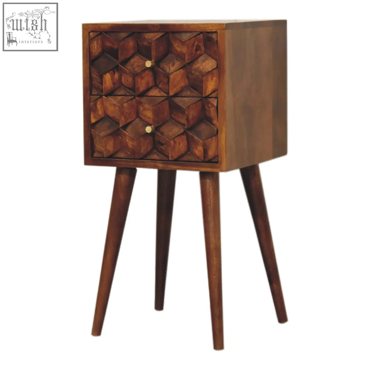 Mini chestnut cube 2-drawer bedside table with rich chestnut finish mango wood and geometric cube drawer fronts