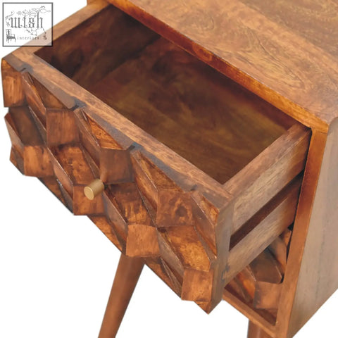 Mini chestnut cube 2-drawer bedside table with geometric drawer fronts in rich chestnut finish mango wood design