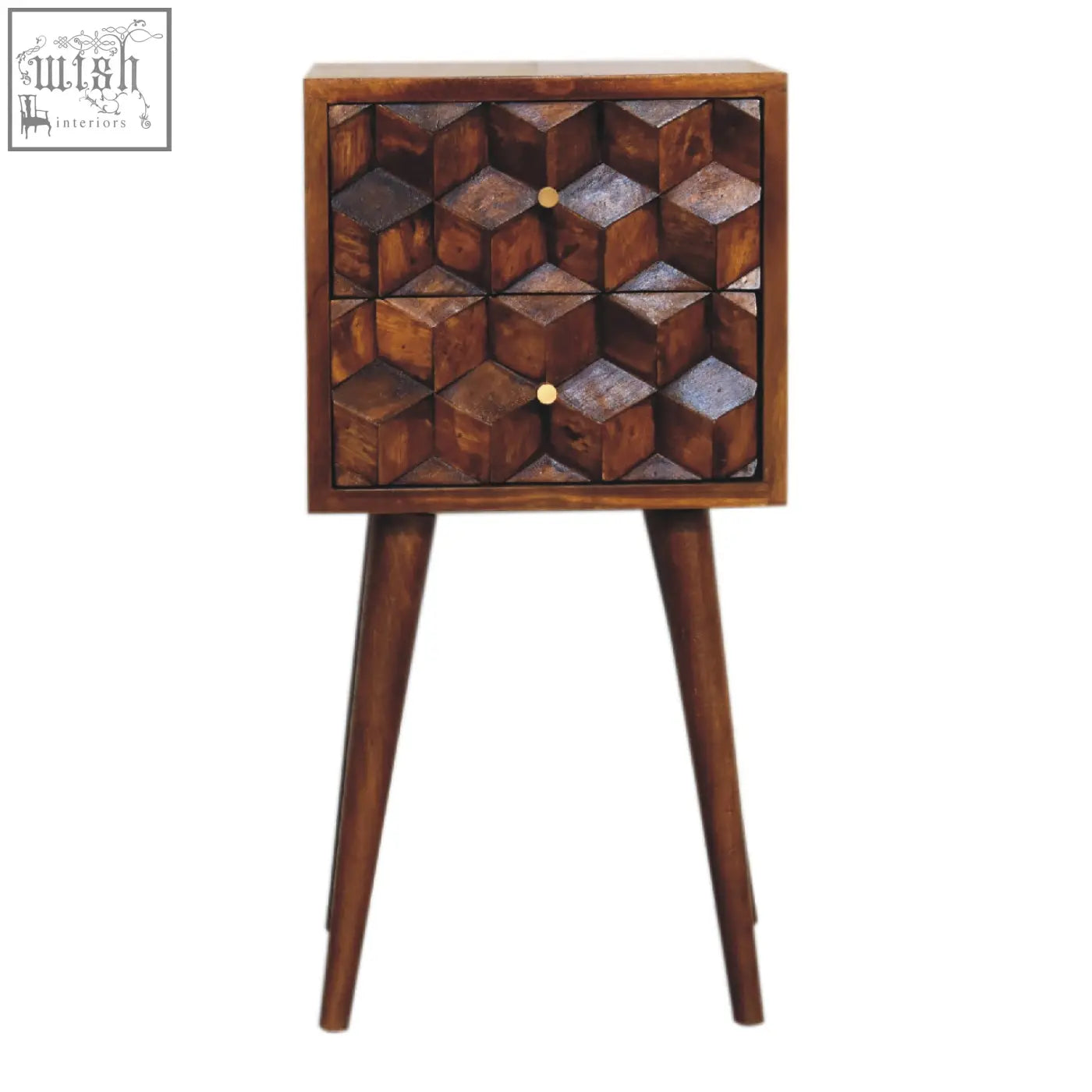 Mini chestnut cube 2-drawer bedside table with rich chestnut finish mango wood and geometric cube drawer pattern