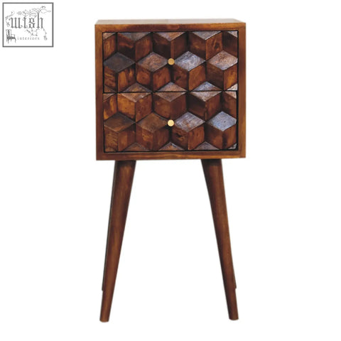 Mini chestnut cube 2-drawer bedside table with rich chestnut finish mango wood and geometric cube drawer pattern