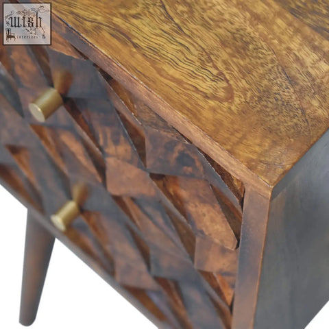 Mini chestnut cube 2-drawer bedside table with rich chestnut finish mango wood and geometric faceted design brass knobs