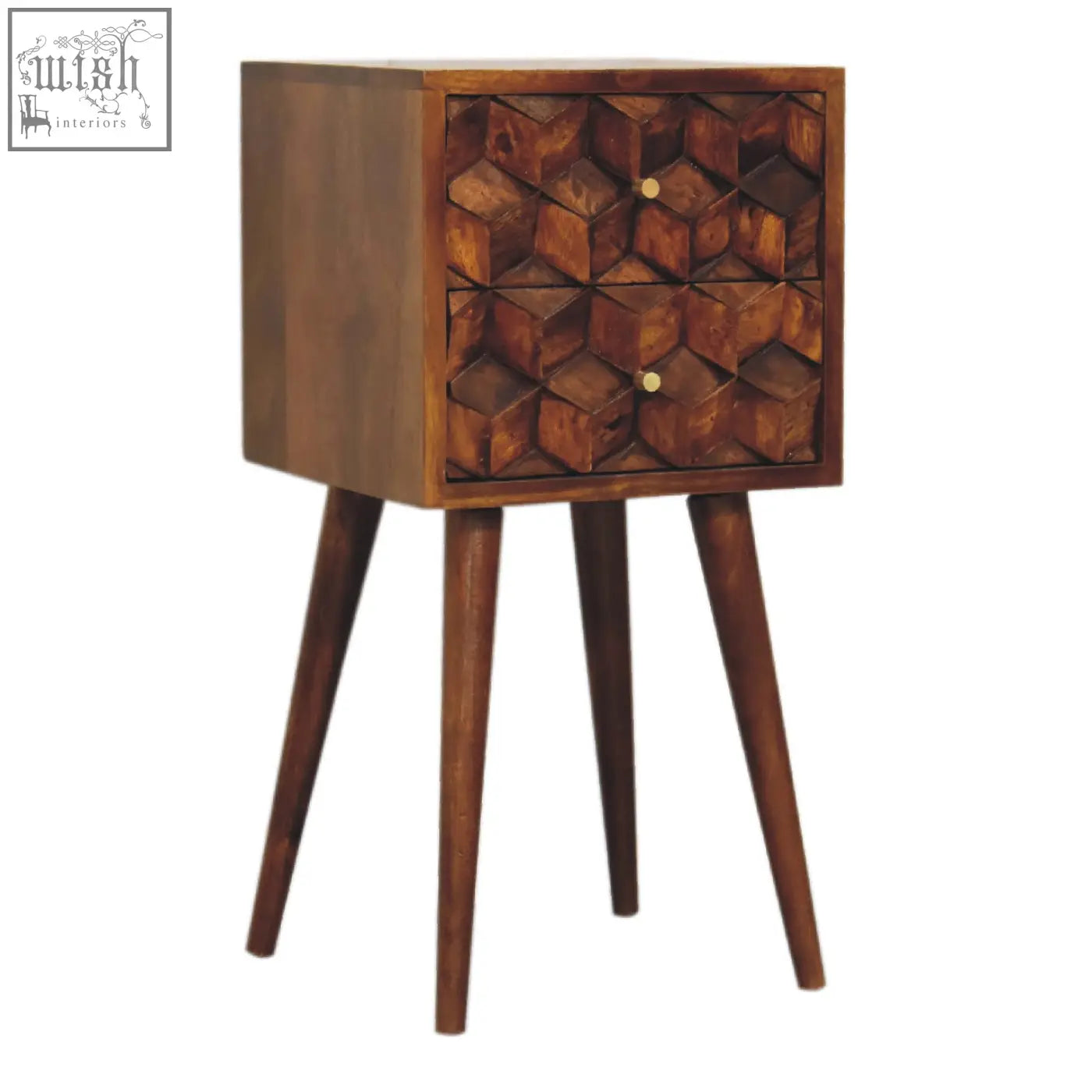Mini chestnut cube 2-drawer bedside table with rich chestnut finish geometric honeycomb design and mango wood legs