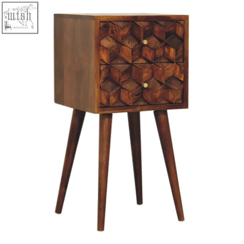 Mini chestnut cube 2-drawer bedside table with rich chestnut finish geometric honeycomb design and mango wood legs