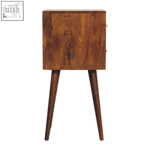 Rustic mini chestnut cube 2-drawer bedside table with rich chestnut finish and mango wood tapered legs