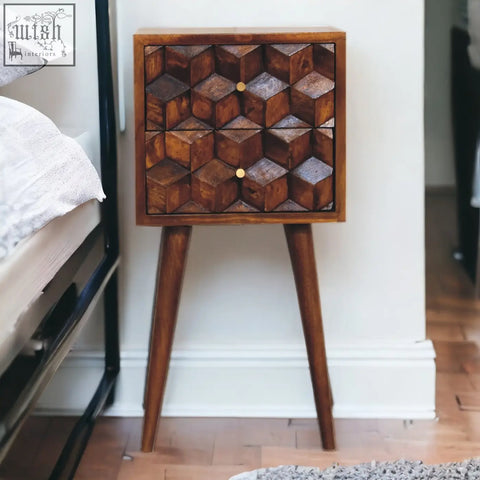 Mini chestnut cube 2-drawer bedside table with rich chestnut finish, geometric cube front, tapered legs, and mango wood design