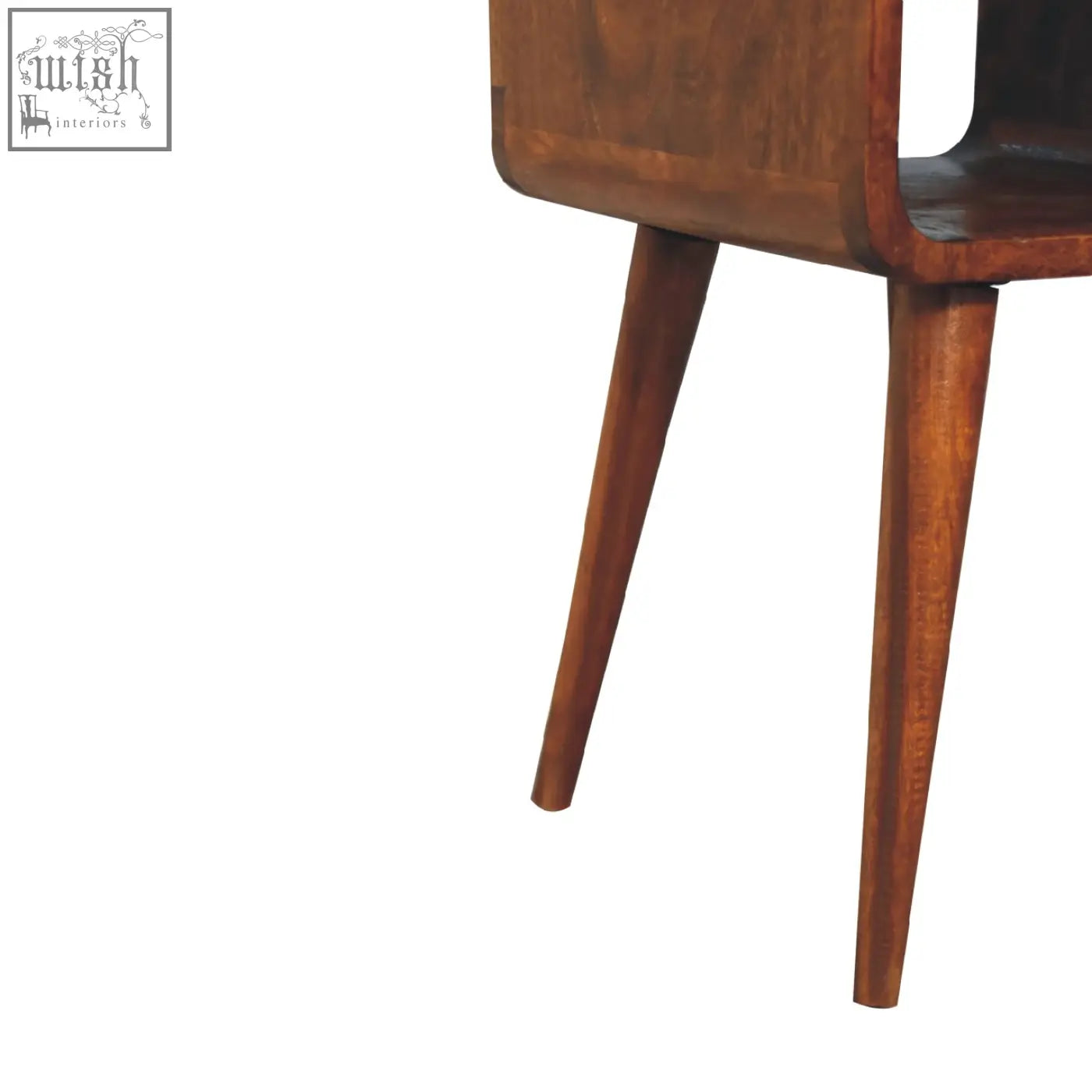 Mini chestnut curve wooden side table with tapered legs and warm brown finish perfect as a chestnut curve lower bedside table