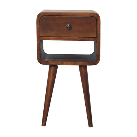 Mini chestnut curve wooden nightstand with single drawer and tapered legs in mid century modern style