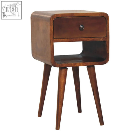 Mini chestnut curve wooden nightstand with single drawer and tapered legs perfect as a curve lower bedside table