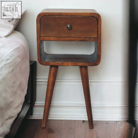 Mini chestnut curve lower bedside table with a dark brown mid-century modern wooden nightstand and single drawer