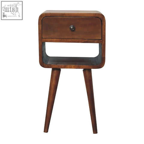 Mini chestnut curve lower bedside table in mid-century modern wood with single drawer and tapered legs