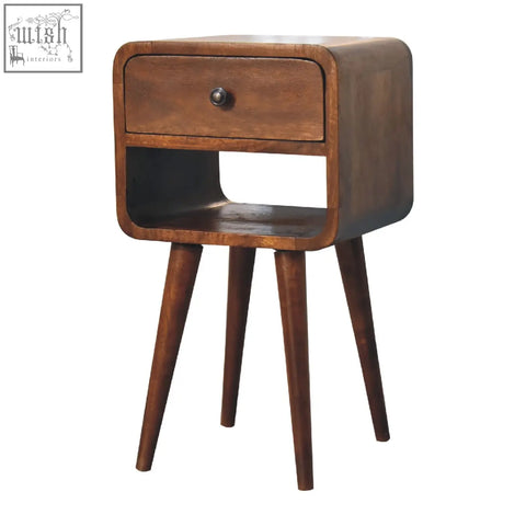 Mini chestnut curve wooden nightstand with single drawer open shelf tapered legs in dark brown curve lower bedside style