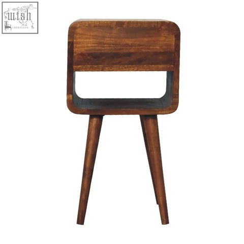 A sleek mini chestnut curve lower bedside table made of wood with a rectangular top and tapered legs